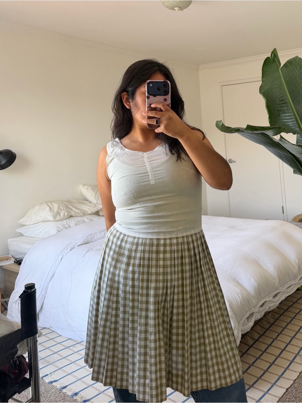 Gingham Pleated A-Line Skirt in Sage Green